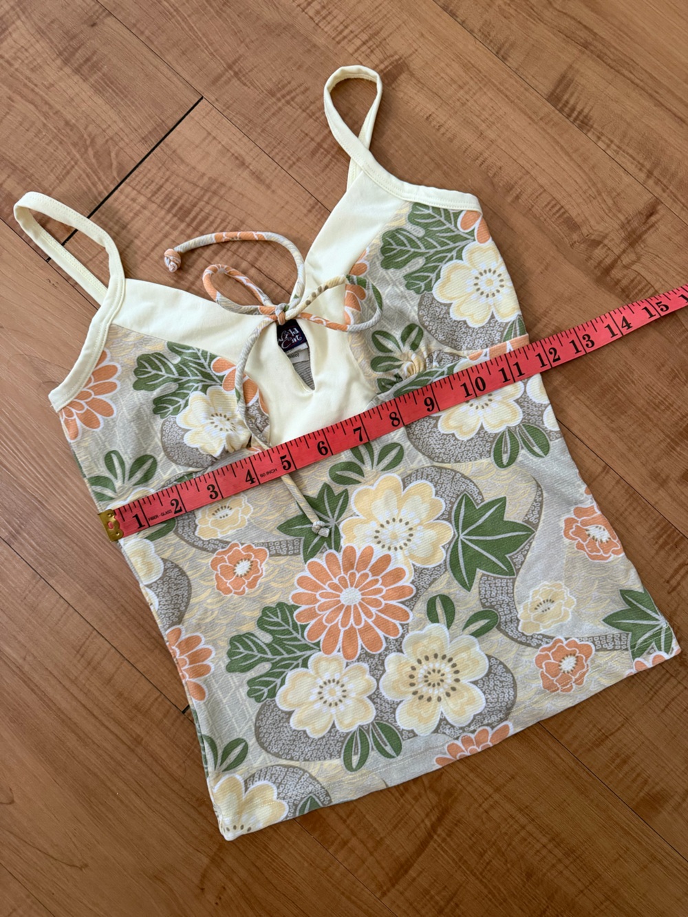 Floral Tie-Front Camisole Top in Pastel Yellow, Peach & Green size small - Picture 4 of 8